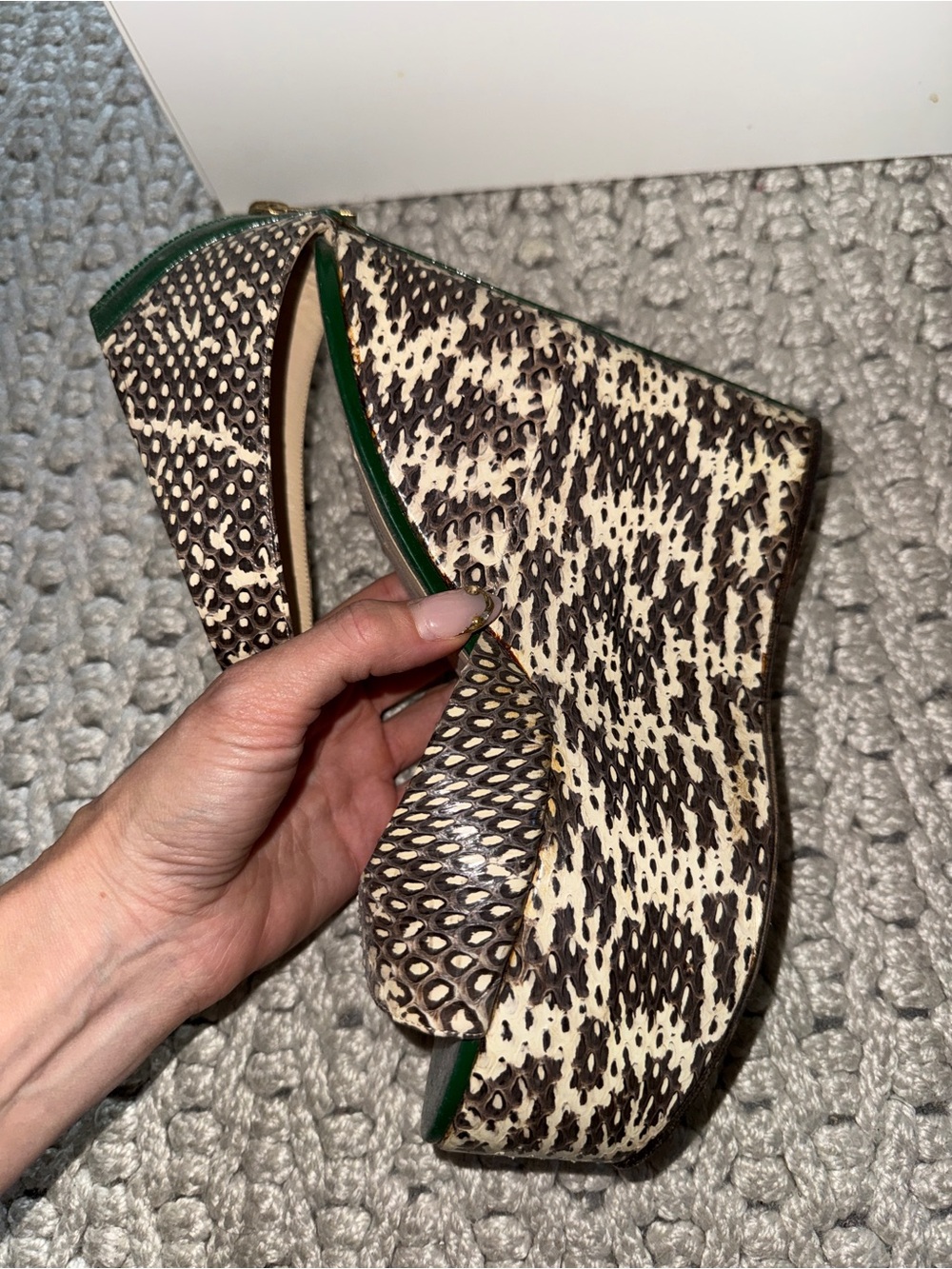 Jimmy Choo Tri Color Snakeskin and Patent Leather Wedge Sandals - Picture 2 of 5